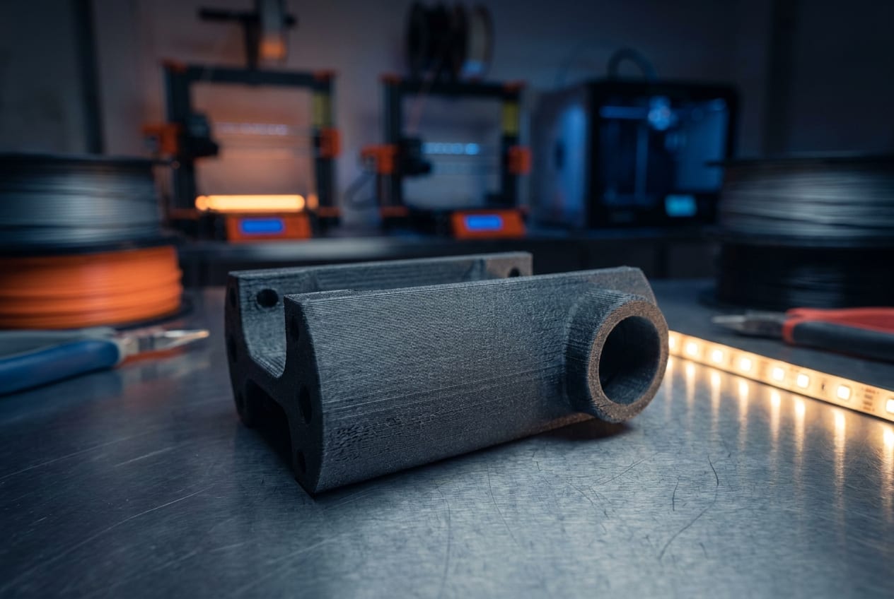 Atelier d'impression 3D Martial 3D : imprimantes en fonctionnement et pièces techniques au premier plan