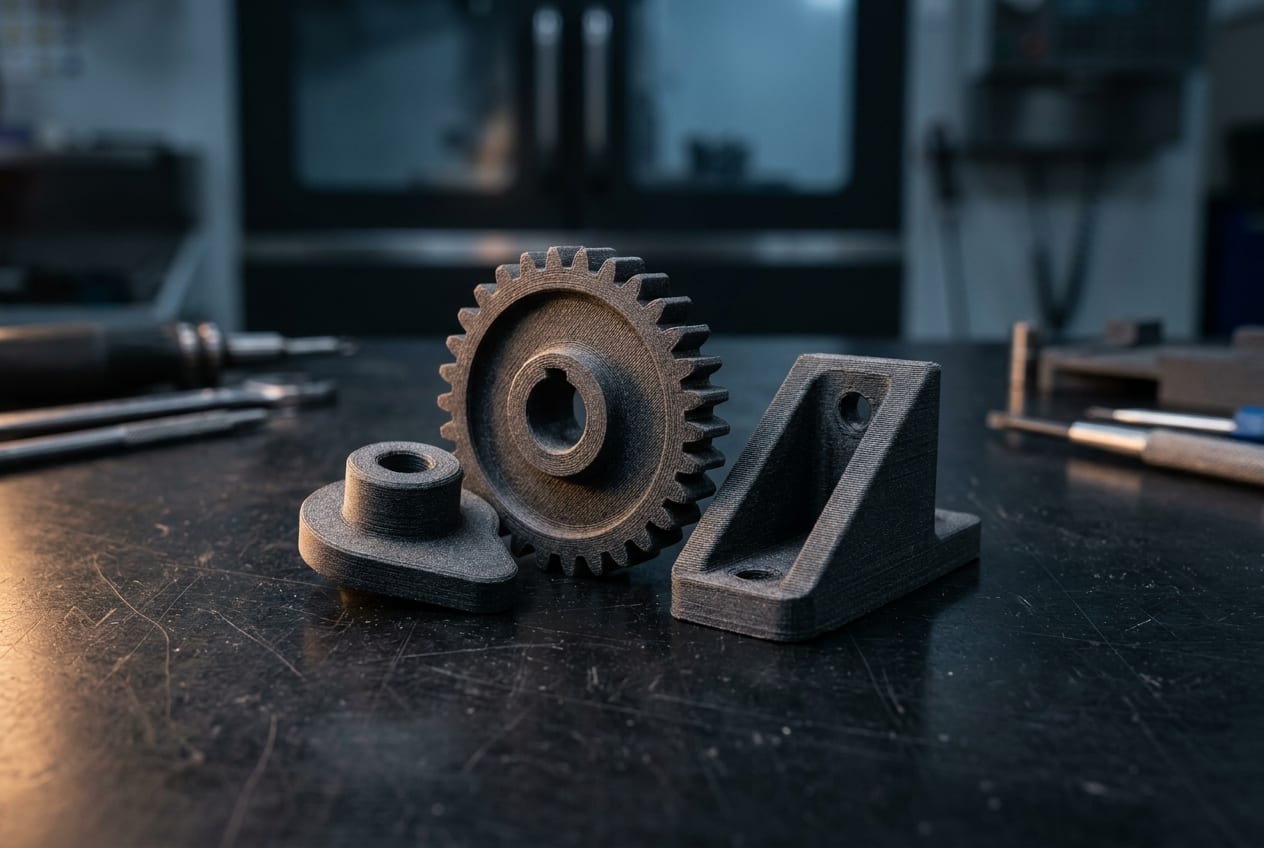 Engrenage industriel imprimé en 3D en nylon carbone posé sur une machine de production