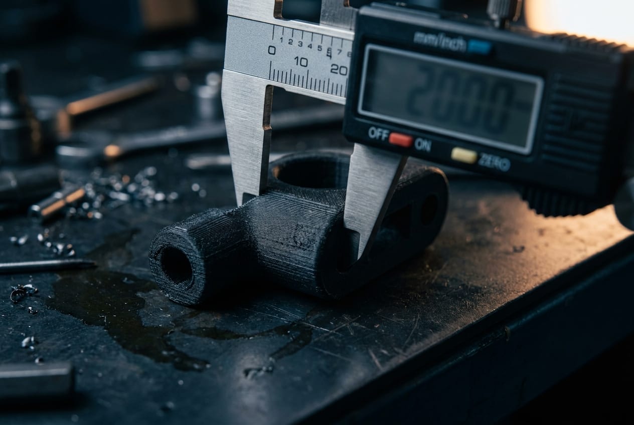 Pied à coulisse mesurant une pièce imprimée en 3D en nylon carbone
