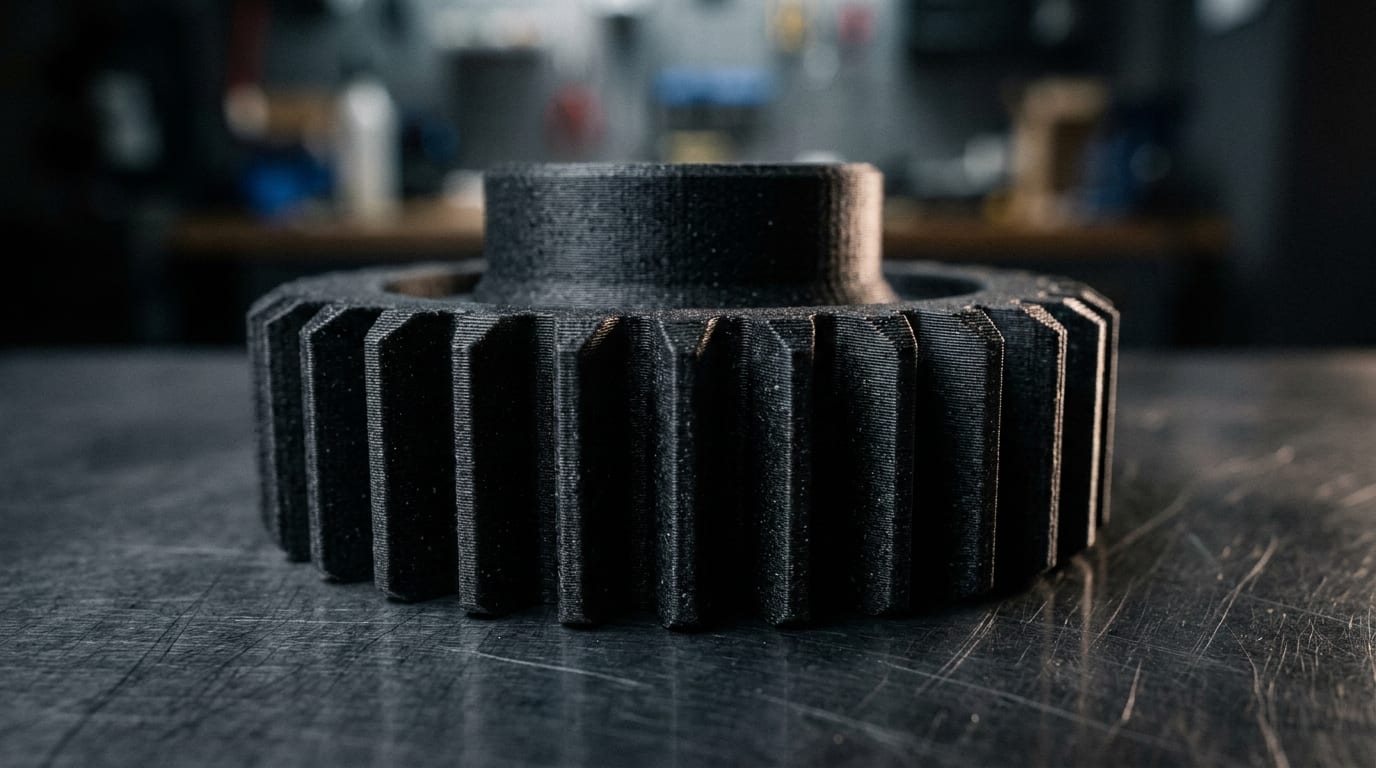 Engrenage industriel imprimé en 3D en nylon chargé carbone, posé sur de l'acier brossé