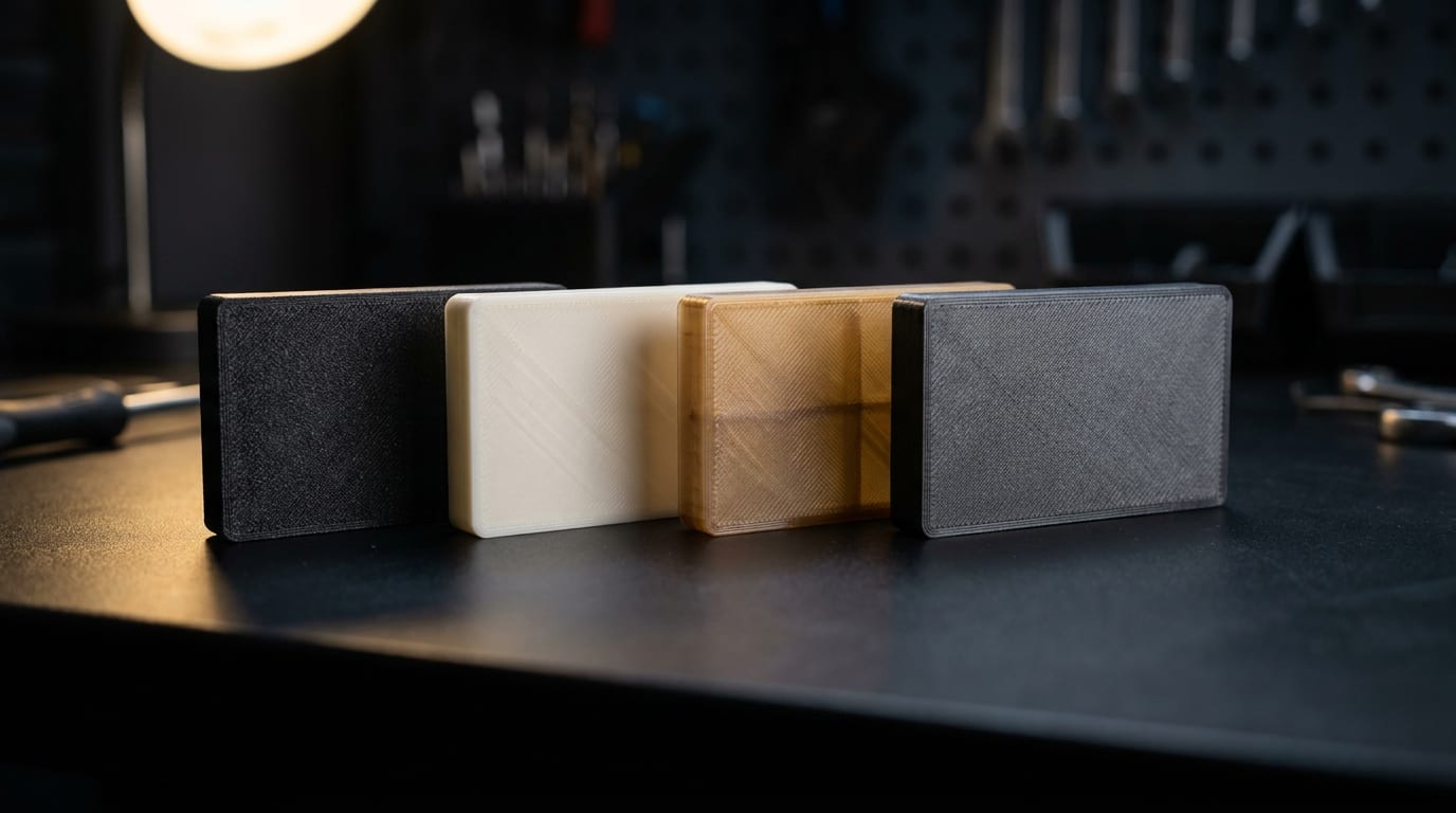 Échantillons de pièces imprimées en différents polymères techniques alignés sur un plan d'atelier