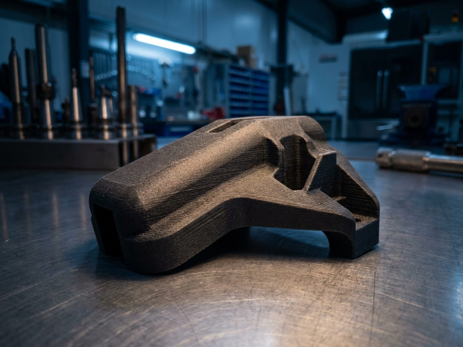 Gabarit d'outillage au sol aéronautique imprimé en 3D en nylon carbone noir, posé sur un plan de travail d'atelier