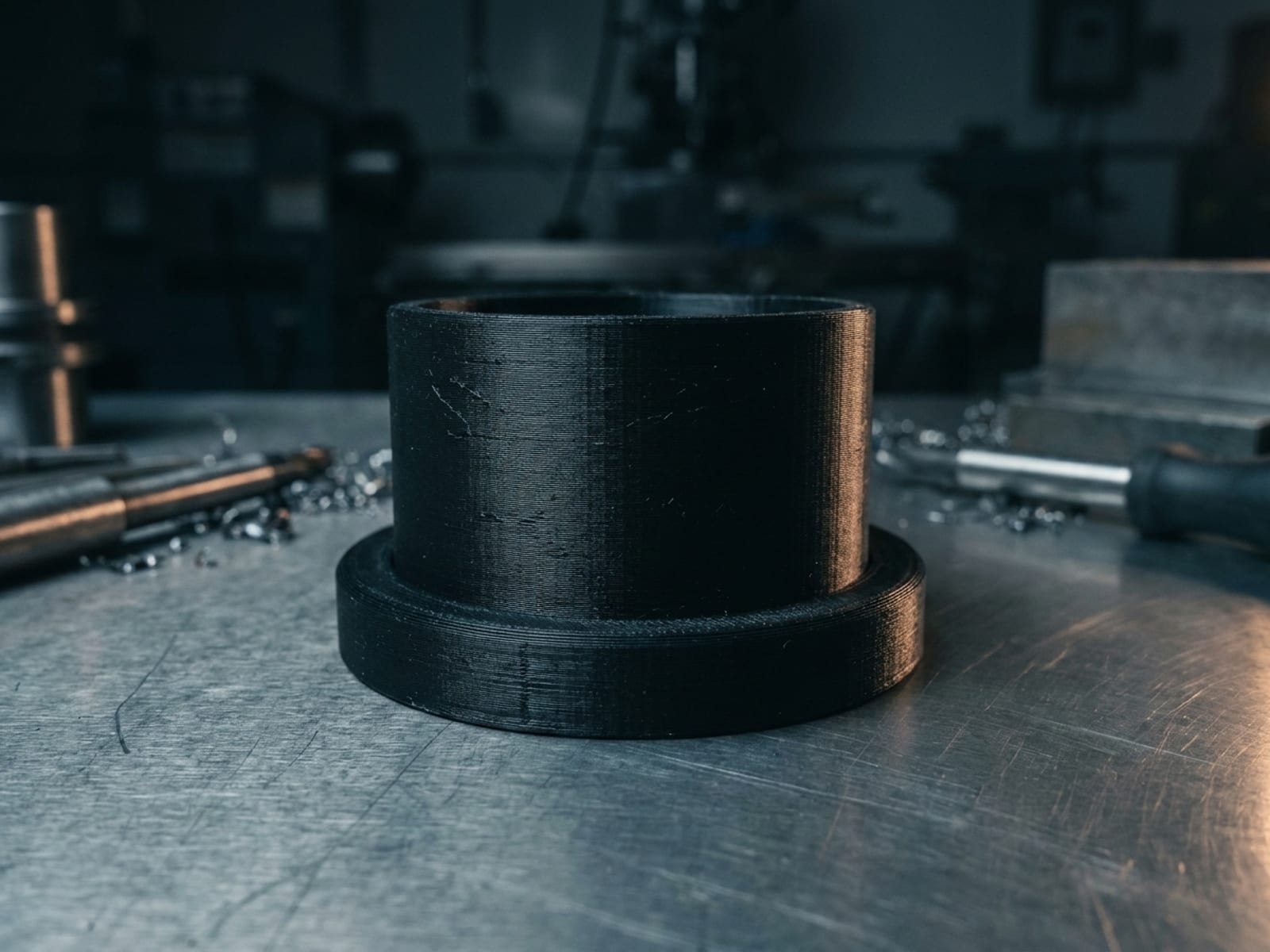 Support d'instrument de simulateur imprimé en 3D en ASA noir mat avec sa bague de réduction, posé sur un panel