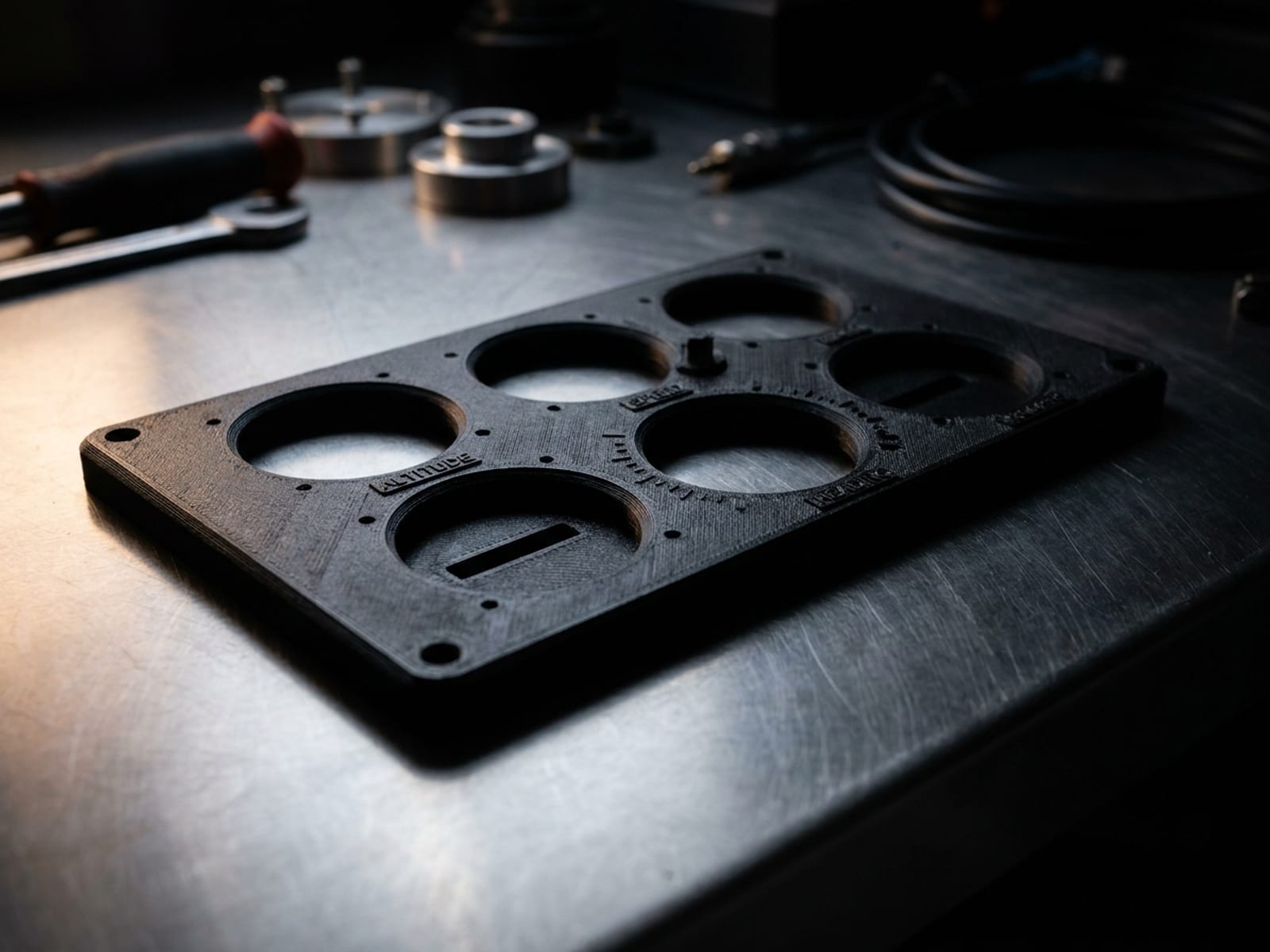 Façade de panel de simulateur imprimée en 3D en ASA noir mat, découpes d'instruments rondes et repères gravés, posée sur un établi