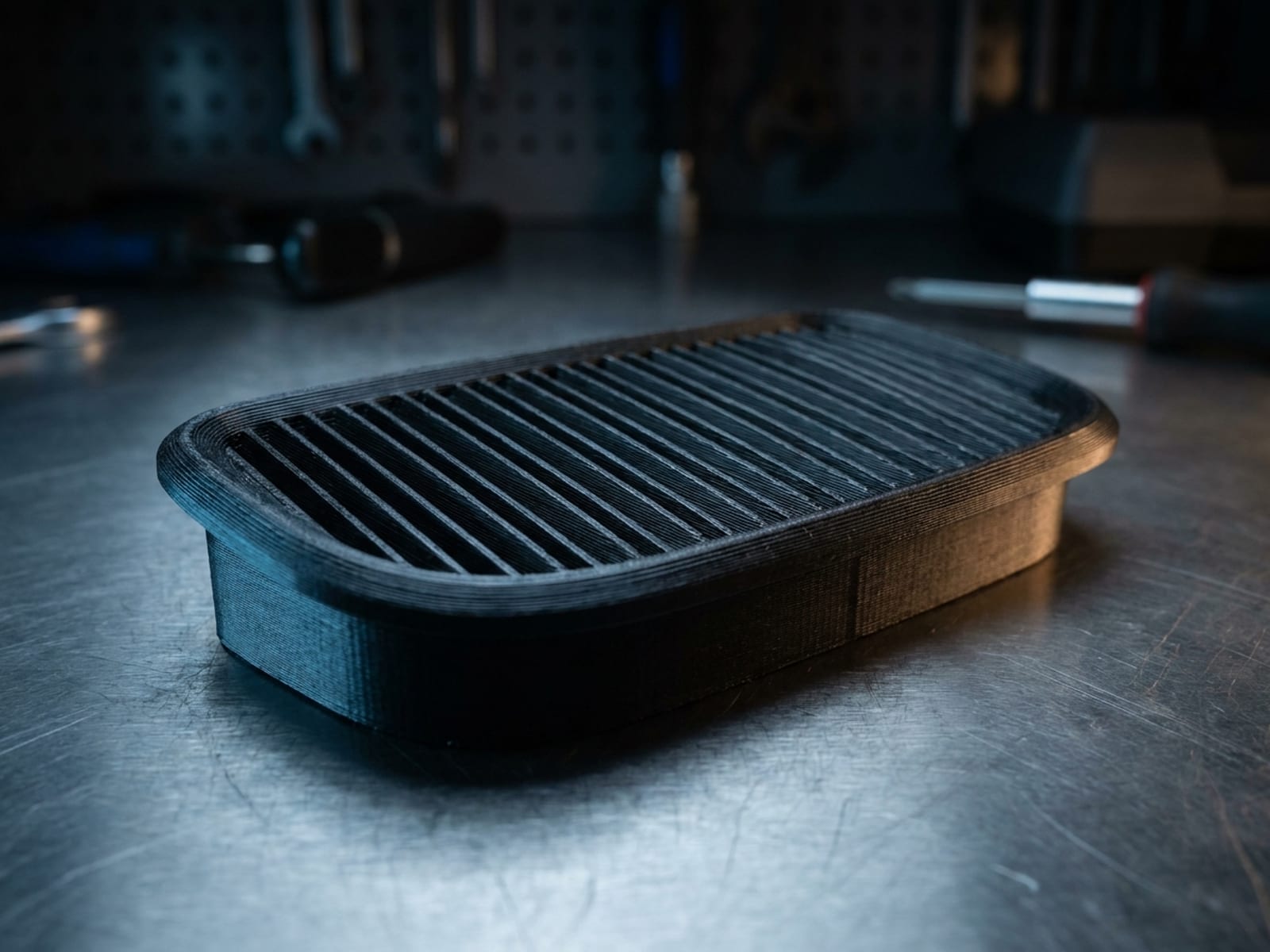 Grille d'aération de tableau de bord imprimée en 3D en ASA noir mat, ailettes fines, posée sur un établi