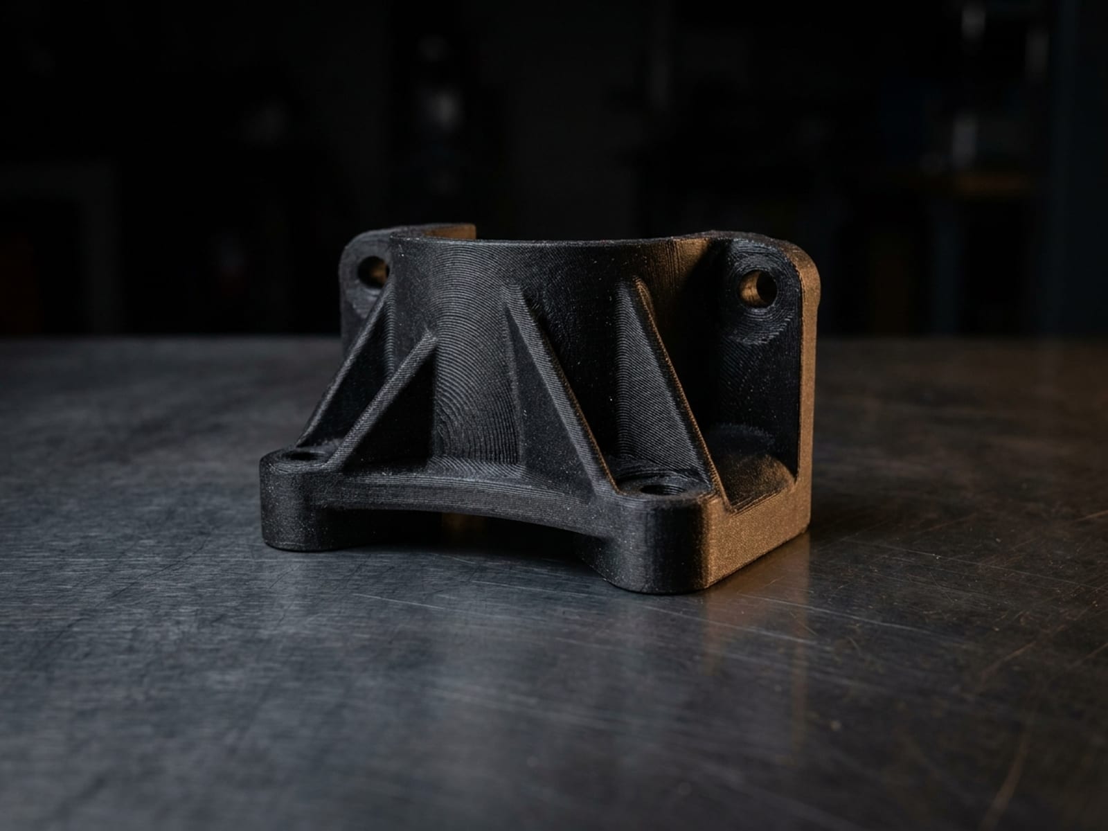 Support de patte moteur-accessoire imprimé en 3D en nylon carbone noir, nervures de renfort visibles, posé sur un établi métallique