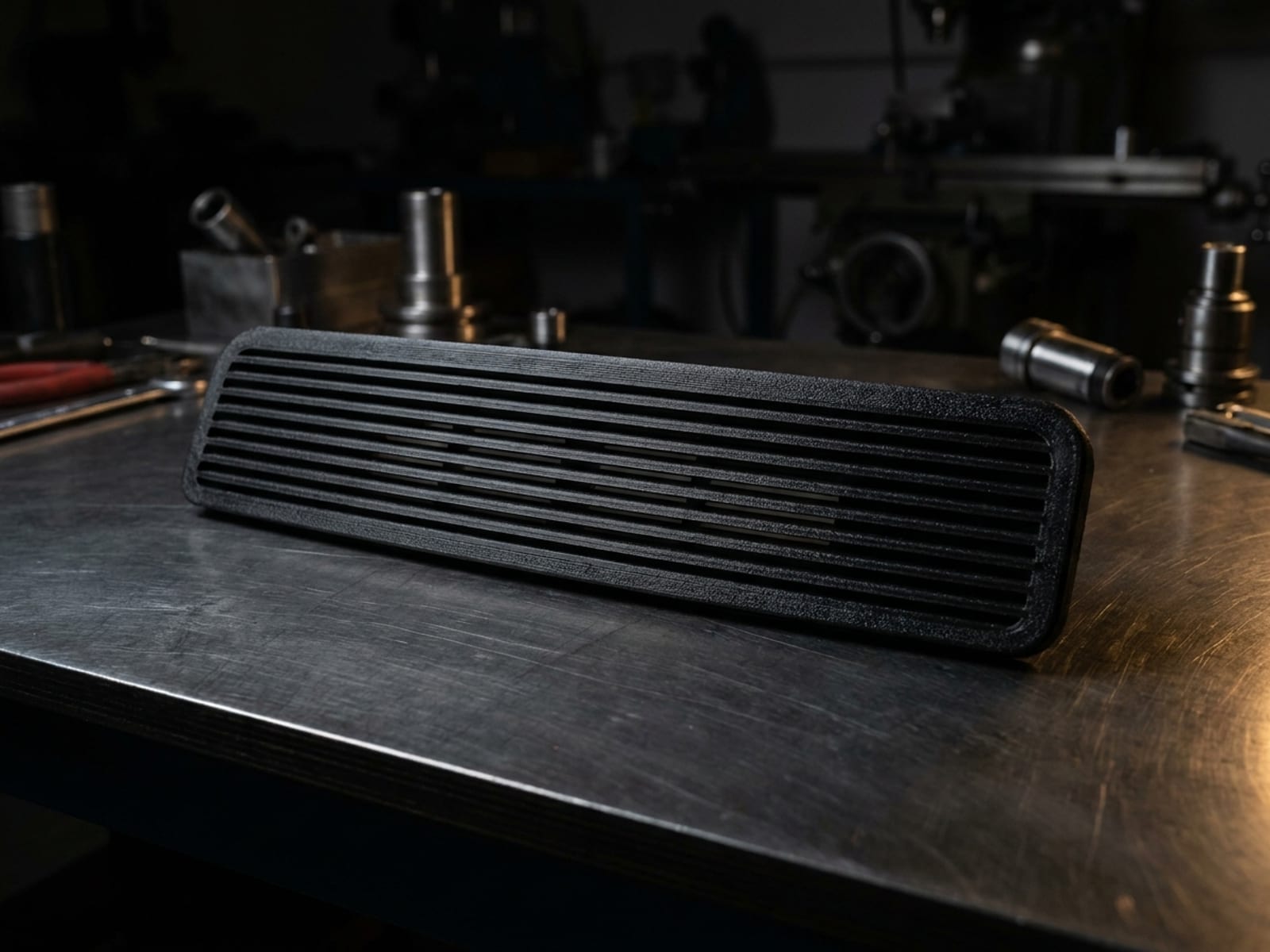 Grille de calandre imprimée en 3D en ASA noir mat, barrettes horizontales fines, présentée sur un plan de travail d'atelier