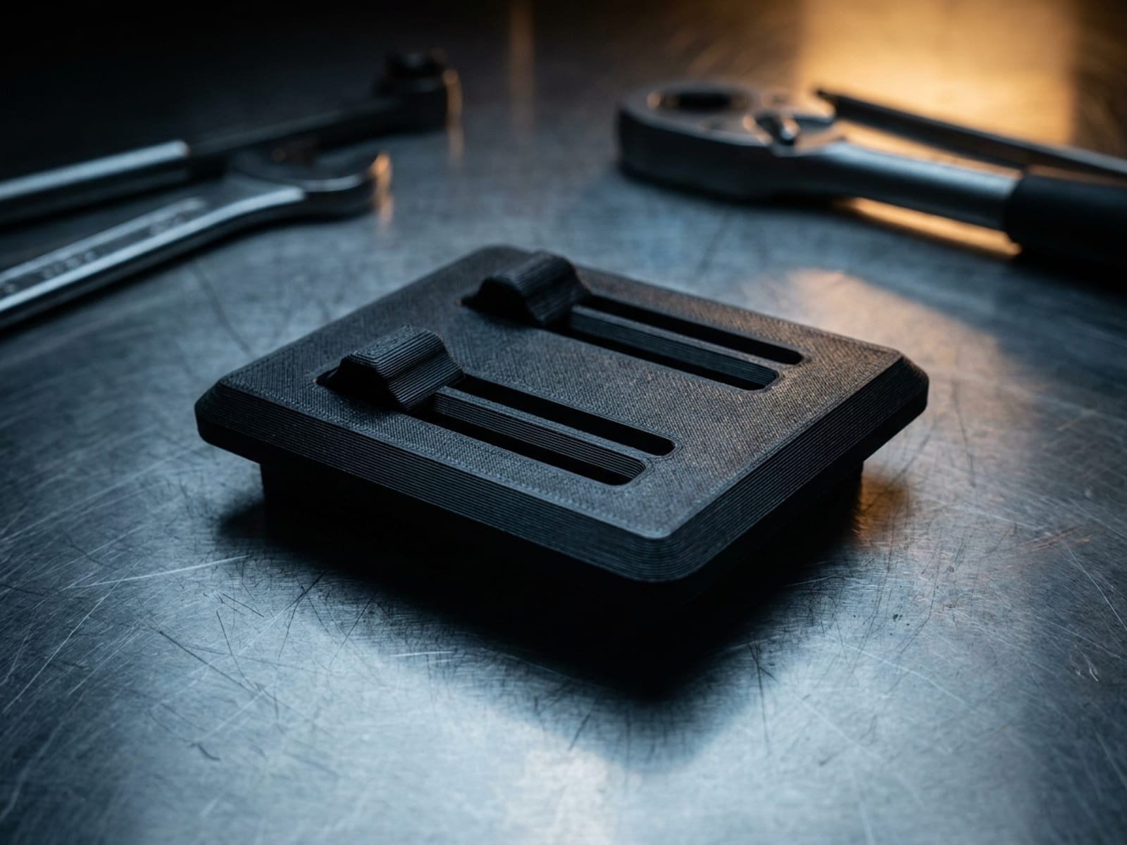 Façade de commande de chauffage imprimée en 3D en ASA noir avec ses curseurs, posée sur un établi