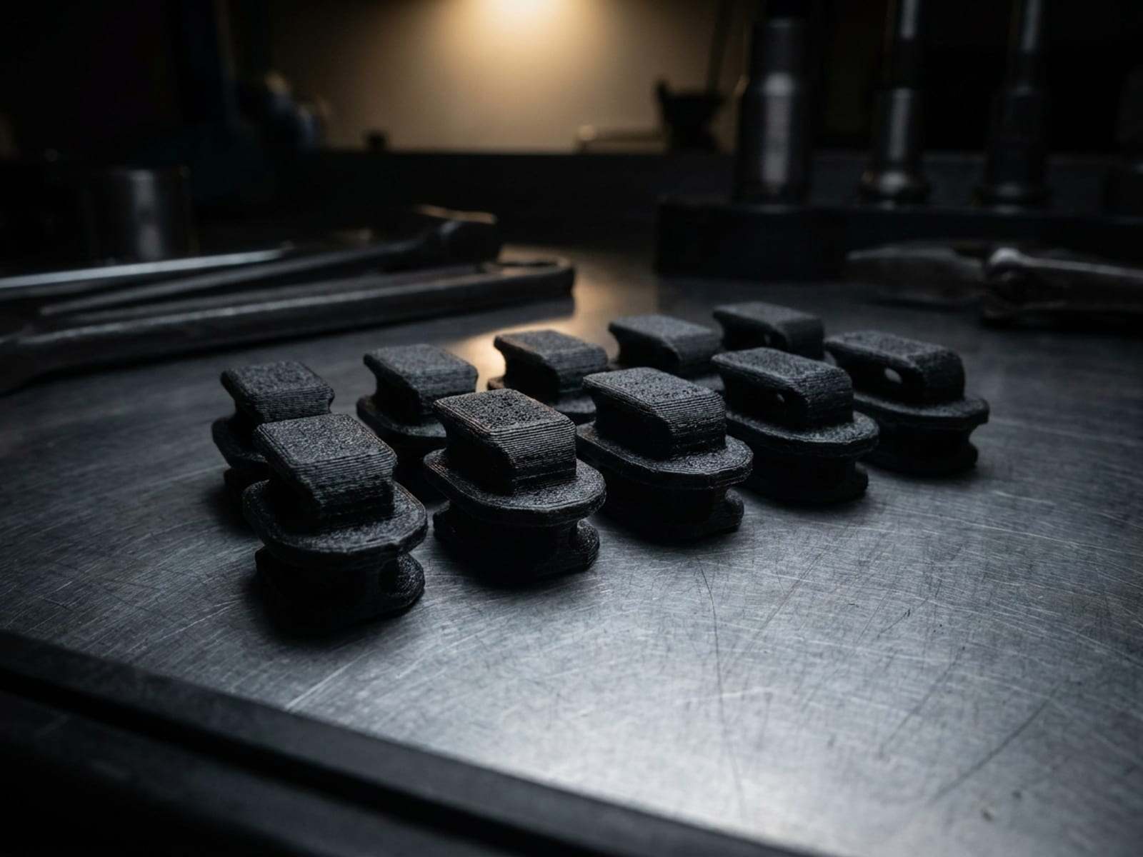 Dix clips de garniture automobile imprimés en 3D en nylon noir, alignés sur un plan de travail