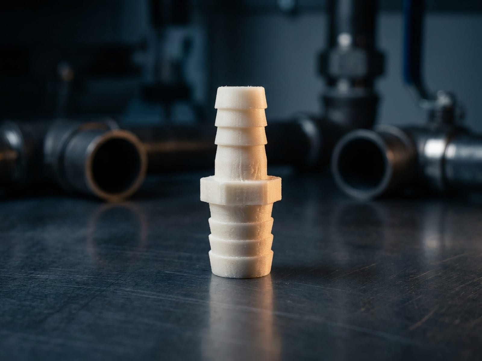 Raccord cannelé imprimé en 3D en PVDF blanc ivoire posé sur une paillasse, tuyauterie de process en arrière-plan