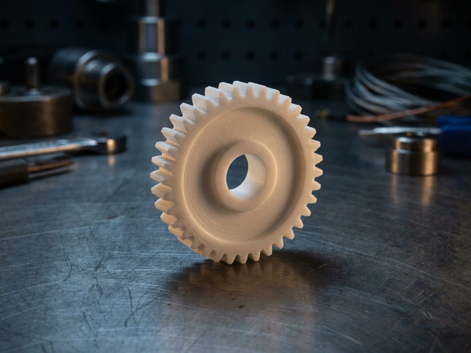 Engrenage droit imprimé en 3D en POM blanc, denture nette, posé sur un établi en acier