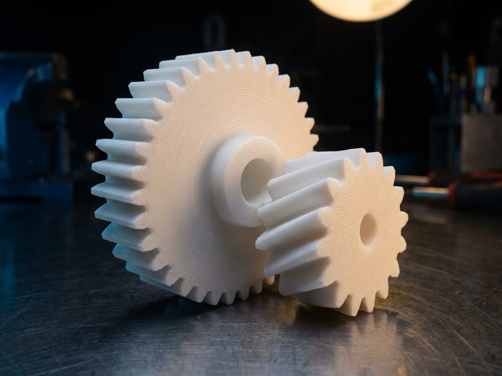 Pignon et roue dentée imprimés en 3D en POM blanc, engrenés l'un dans l'autre sur un établi en acier