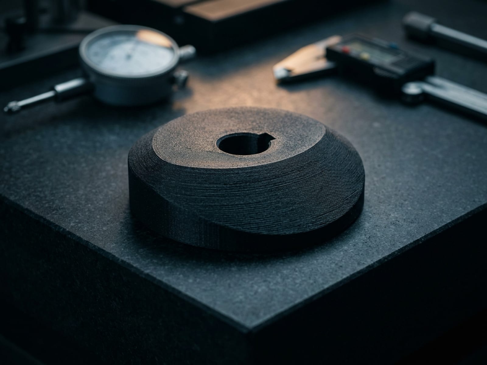 Came disque imprimée en 3D en nylon carbone noir, profil excentrique et alésage claveté, posée sur un marbre de contrôle