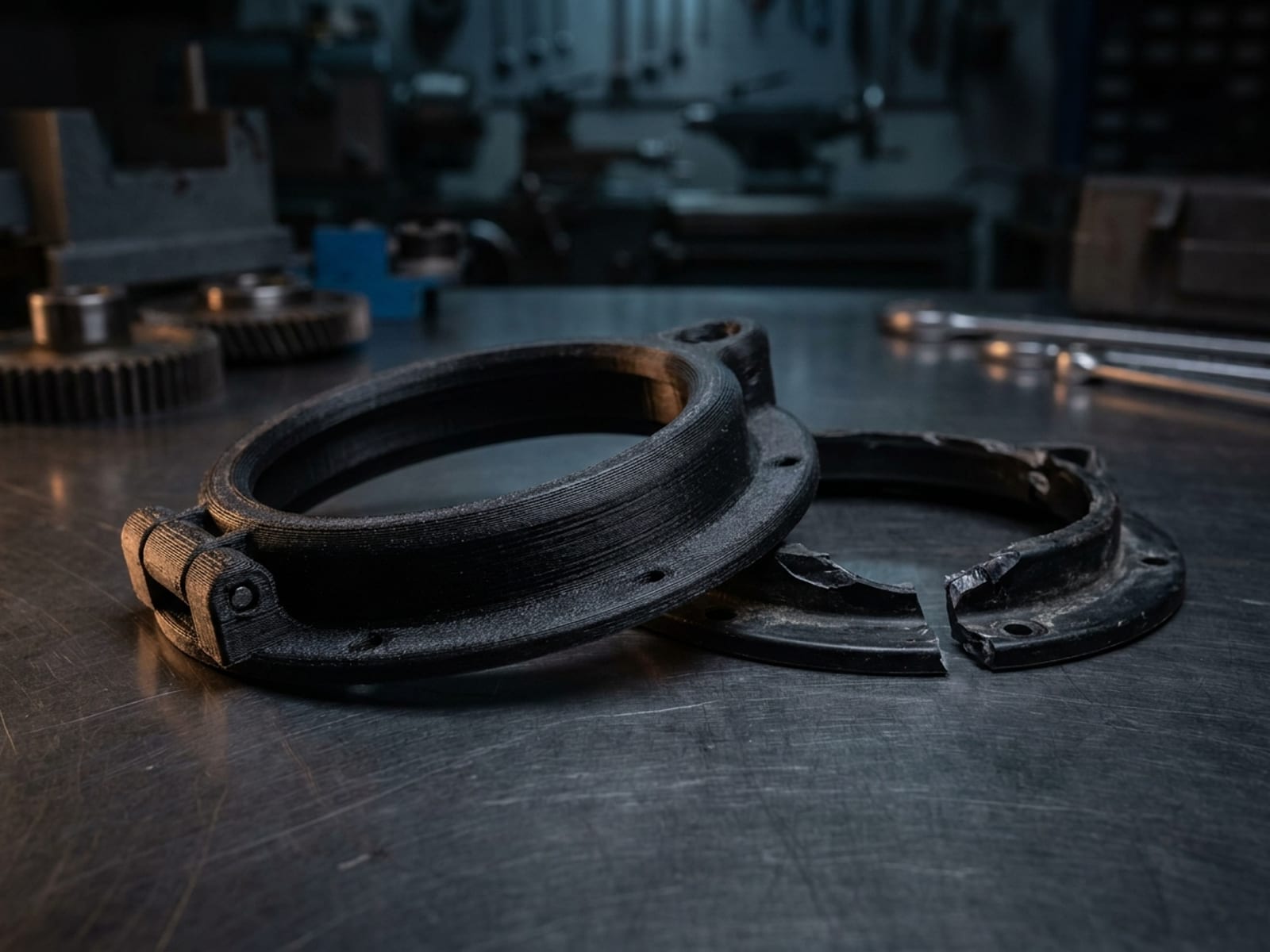 Cadre de hublot de voilier imprimé en 3D en ASA noir avec sa charnière, posé à côté de la pièce d'origine cassée