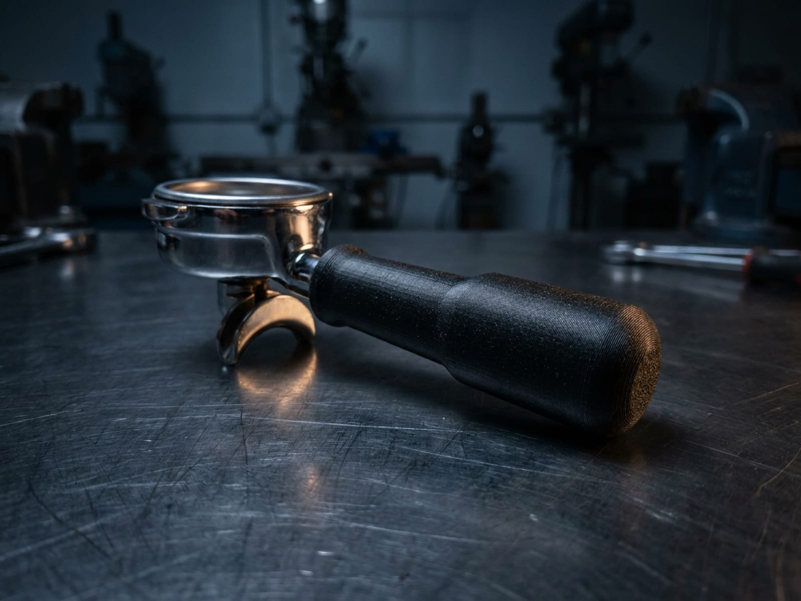 Poignée de porte-filtre imprimée en 3D en polyamide noir, vissée sur un porte-filtre de machine espresso à levier chromée
