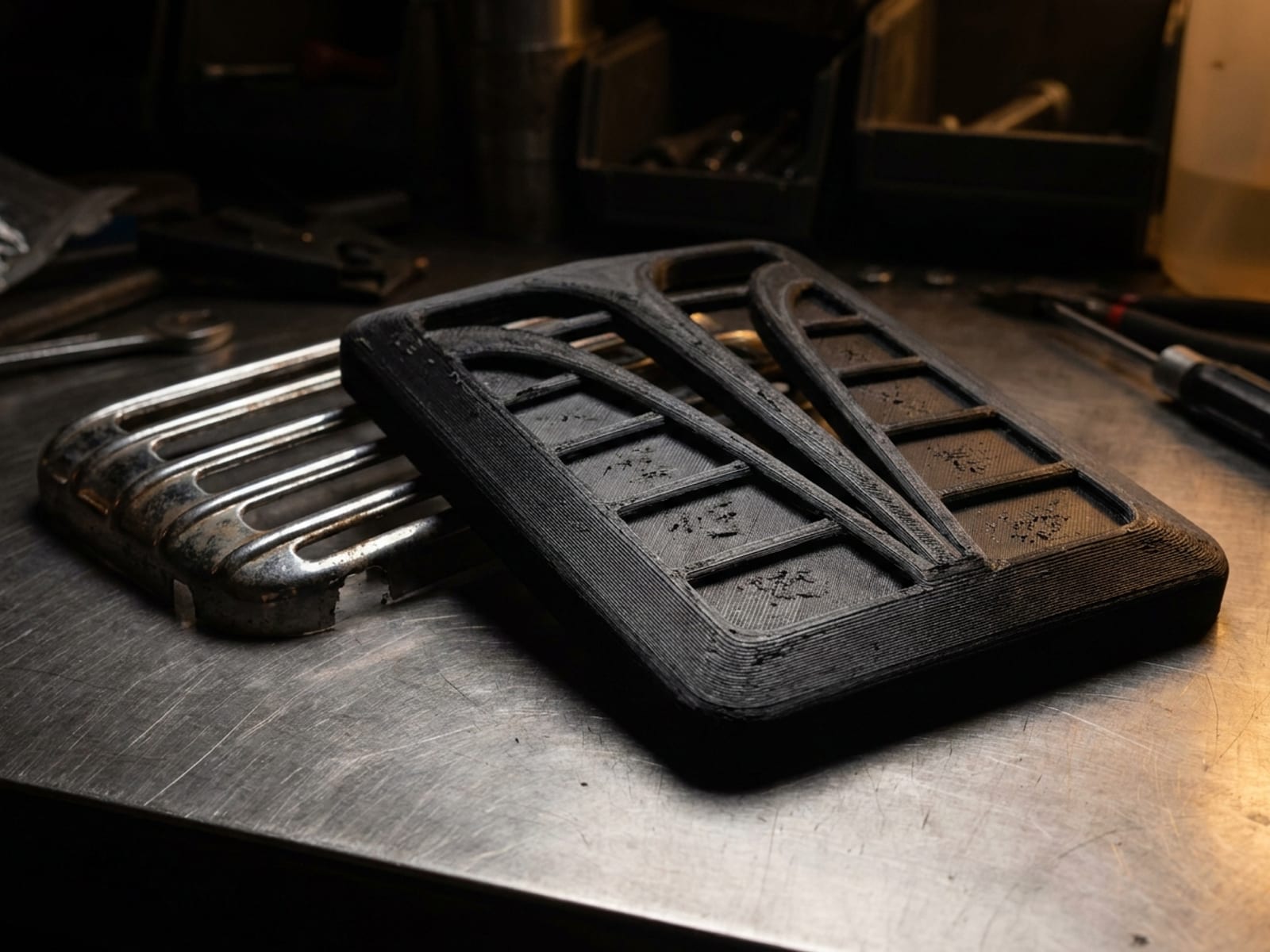 Grille décorative de jukebox des années 50 imprimée en 3D et apprêtée, posée à côté de la pièce d'origine incomplète