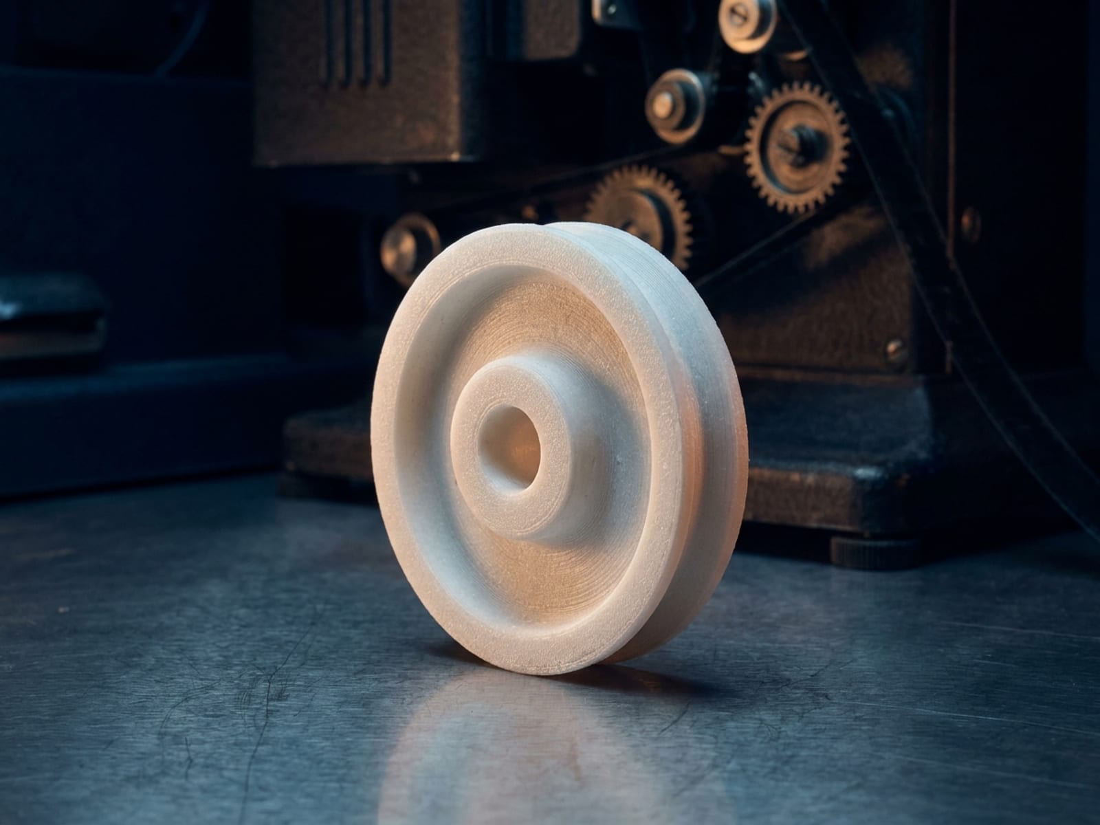 Galet de transport de film imprimé en 3D en POM blanc, monté dans le couloir de film d'un projecteur 35 mm ancien