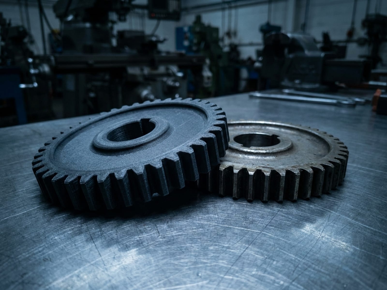 Reproduction en résine d'un rouage d'horloge monumentale présentée à côté de la pièce d'origine