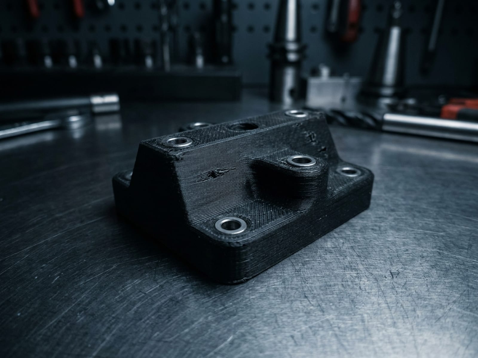 Gabarit de perçage imprimé en 3D en nylon carbone noir avec douilles de guidage, sur un établi d'atelier