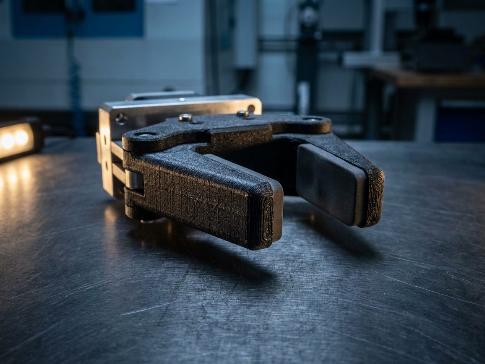 Paire de doigts de préhension imprimés en 3D en nylon carbone noir avec patins souples, montés sur une pince parallèle de robot