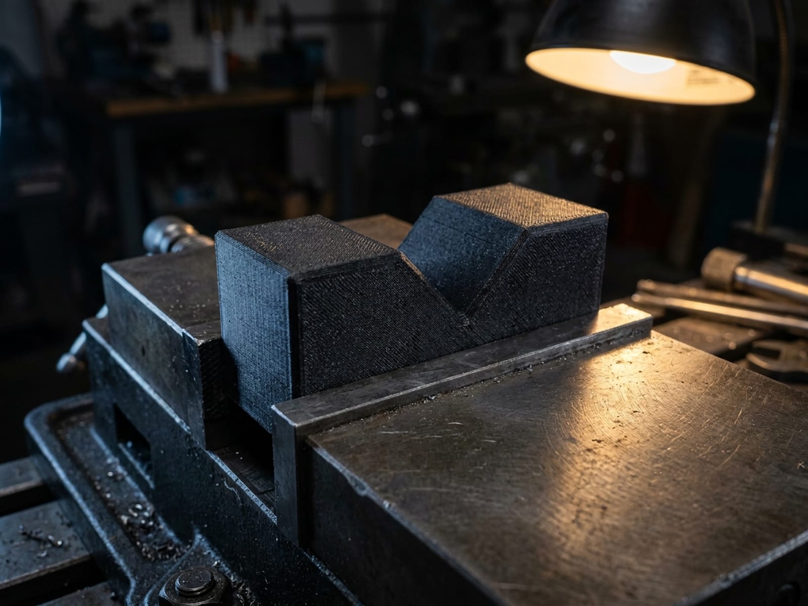 Paire de mors doux imprimés en 3D en nylon carbone noir avec empreinte prismatique, montés sur un étau de fraisage