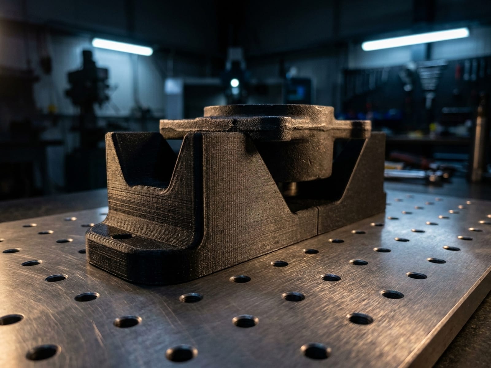 Berceau de contrôle imprimé en 3D en nylon carbone noir, pièce de fonderie posée dessus, sur plaque trouée de métrologie