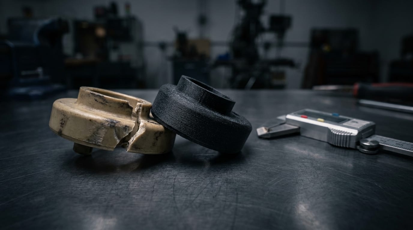 Pièce d'origine usée à côté de sa reproduction imprimée en 3D, illustrant le reverse-engineering